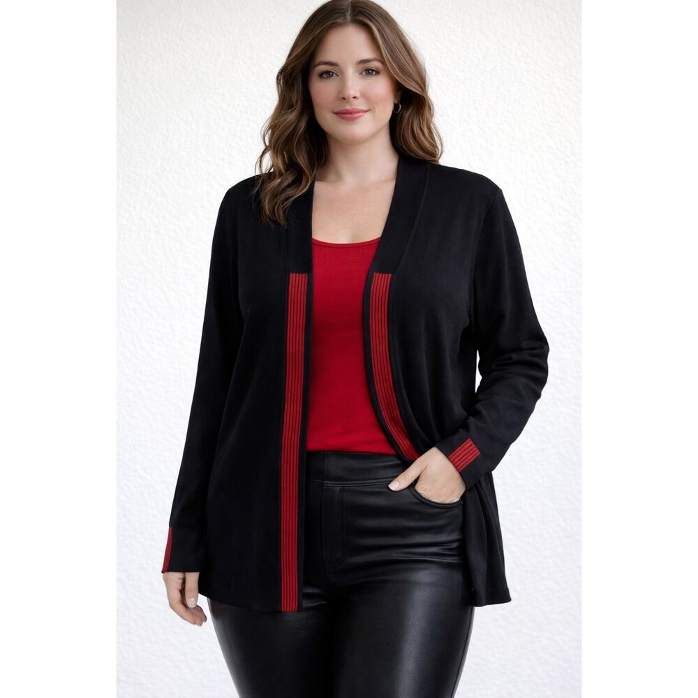 Misook Size 1X black red block cardigan